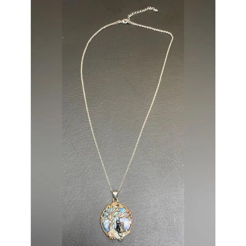 Tree of Life Silver Necklace with Blue-Green Enamel Pendant